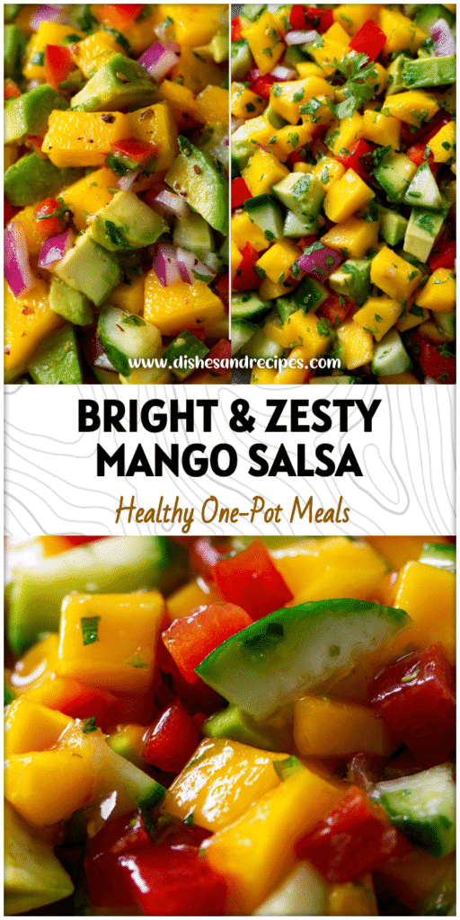 Colorful Tropical Mango Salsa Dish with avocado, cucumber, and lime inspired by Salsas Mexicanas Recetas.